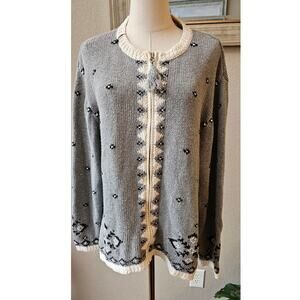 VTG‎ Northern Reflections Women Zip Up Nordic Print Cardigan Sweater Size L Gray